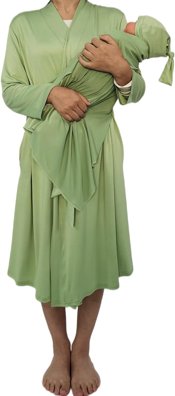 SUFEINI Maternity Robe and Matching Baby Swaddle Blanket Set, Mommy Robe - Image 2