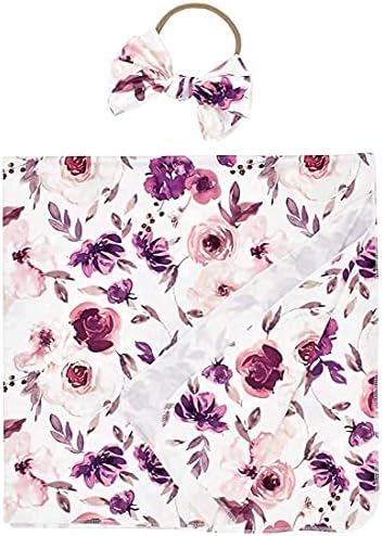 Newborn Floral Receiving Blanket Baby Girls Swaddle Wrap and Headband Set by BxuanW