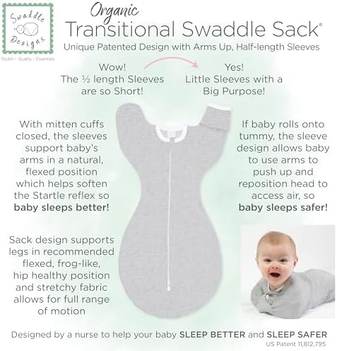 SwaddleDesigns Organic Transitional Swaddle Sack, Arms Up Half-Length Sleeves & - Image 4