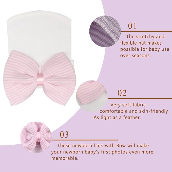 Newborn Baby Hat Infant Caps Baby Boy Girl Toddler Hospital Hats Bow Double - Image 2