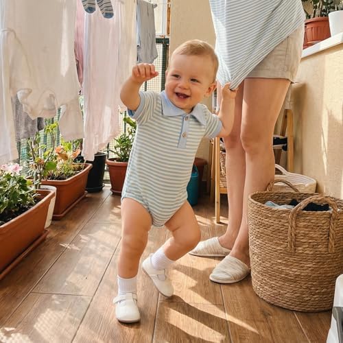 VISGOGO Baby Boy Striped Romper Waffle Short Sleeve Button Oversized Bodysuit - Image 2