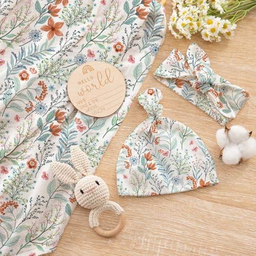 Newborn Swaddle Set with Matching Hat and Bow Set, Floral Baby Girl Newborn - Image 6
