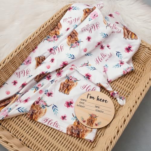 Ylsteed Baby Highland Cow Swaddle Blanket and Headband Set, Newborn Receiving - Image 6