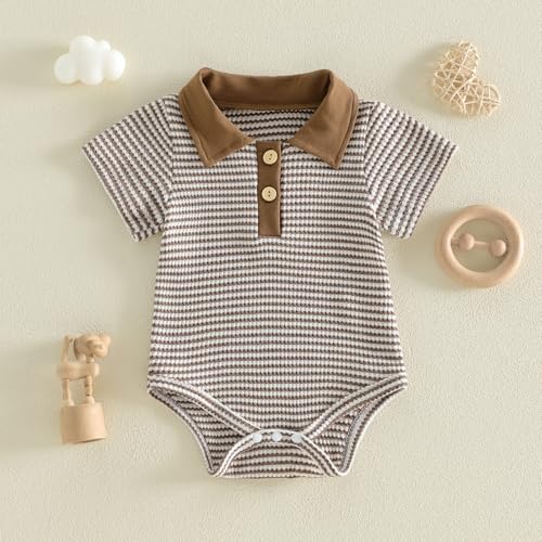 VISGOGO Baby Boy Striped Romper Waffle Short Sleeve Button Oversized Bodysuit - Image 4