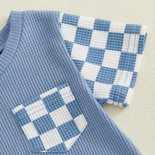 Newborn Baby Boy Girl Clothes Checkered Plaid Romper Waffle Knit Short Sleeve - Image 6