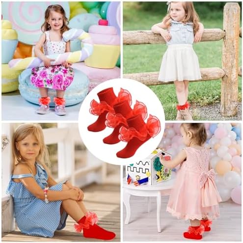 Girls Ruffle Socks Double Lace Turn Cuff Frilly Church Dress Socks - Image 6