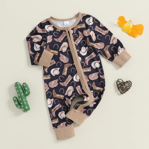 Western Baby Cowboy Clothes Neutral Zipped Fall Romper Outfit - Image 2