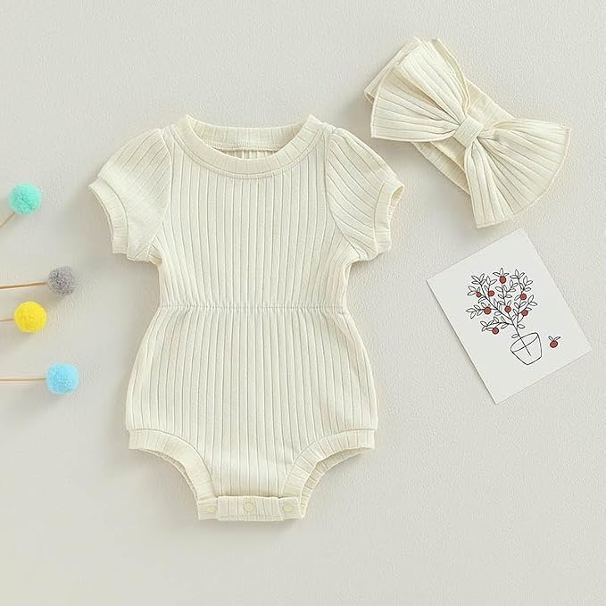 FOCUSNORM Baby Girl Summer Clothes Ribbed Short Sleeve Romper Solid Color - Image 2