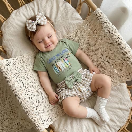 Newborn Baby Girl Fishing Outfit Fish Onesie Short Sleeve Romper Ruffle Plaid - Image 4