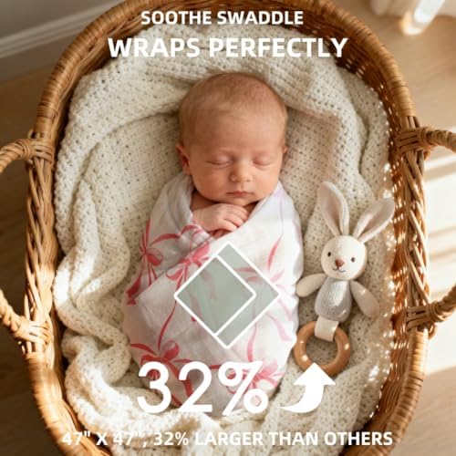 2 Pack Pink Bow Muslin Swaddle Blankets 70% Bambo 30% Cotton Breathable - Image 3