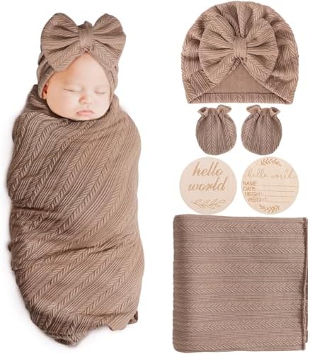 AQOKKA Newborn Receiving Blanket Wheat Ear Bow Hat Mitten Set | 4 Set Receiving by AQOKKA