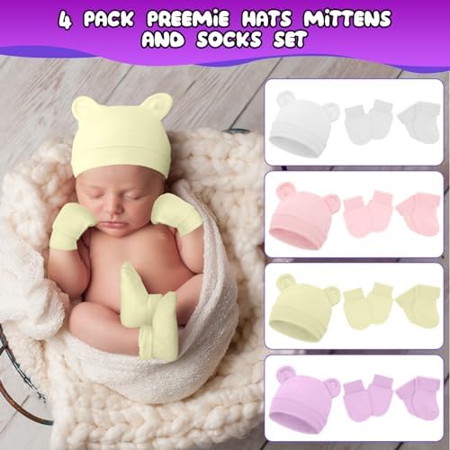 Cuffbow 4 Pcs Preemie Baby Hats Mittens and Socks Set Newborn Cotton Warm Socks - Image 4