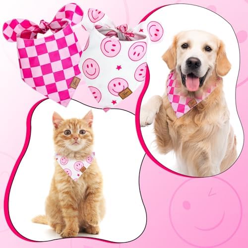 JarThenaAMCS 2Pcs Pink Smile Face Dog Bandana Hot Pink Happy Face Checkered - Image 3