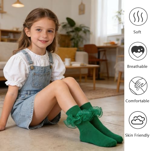 Girls Ruffle Socks Double Lace Turn Cuff Frilly Church Dress Socks - Image 5