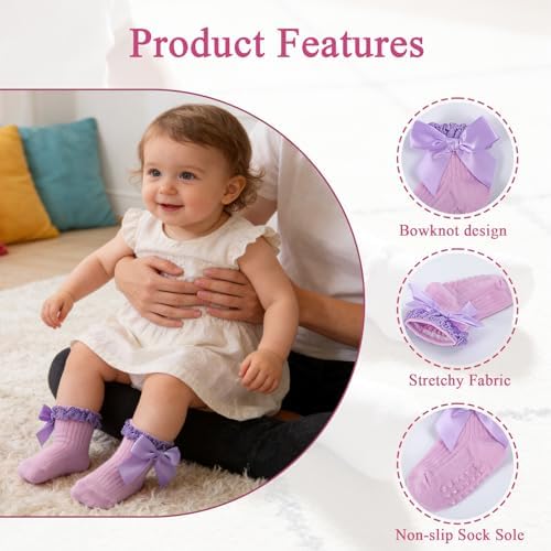 Baby Girl Socks, Ruffle Grip Bows, Toddler Newborn Infant, 6 Pairs - Image 4