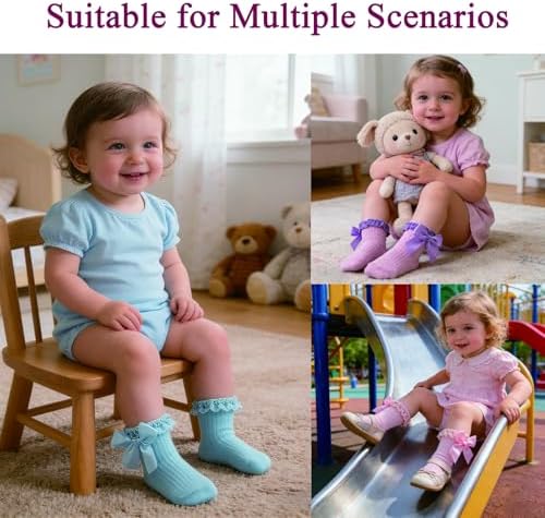 Baby Girl Socks, Ruffle Grip Bows, Toddler Newborn Infant, 6 Pairs - Image 5
