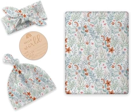 Newborn Swaddle Set with Matching Hat and Bow Set, Floral Baby Girl Newborn by BabyWhale