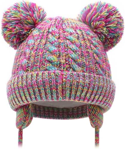 Duoyeree Toddler Winter Hat, Earflap Double Pom Pom Knit Beanie 0-36M by Duoyeree