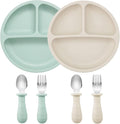 PandaEar Baby Feeding Set| 2 Pack Silicone Divided Suction Plate, 2 Set Toddler Spoons & Forks| Baby Led Weaning Supplies Self Feeding Eating Utensils