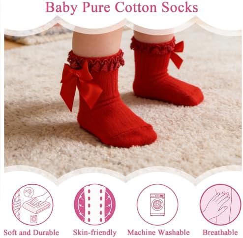 Baby Girl Socks, Ruffle Grip Bows, Toddler Newborn Infant, 6 Pairs - Image 4