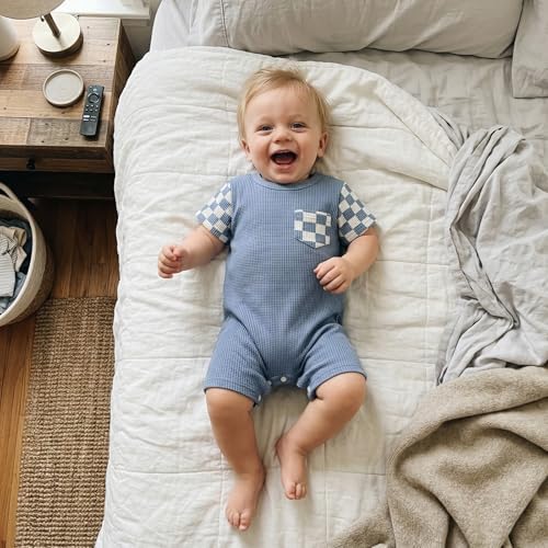 Newborn Baby Boy Girl Clothes Checkered Plaid Romper Waffle Knit Short Sleeve - Image 2