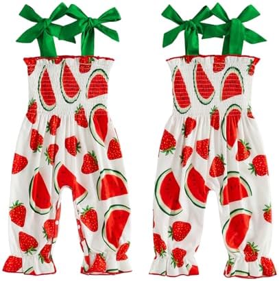 Baby Girl Watermelon Outfit Sleeveless Bubble Romper Strawberry Print Smocked - Image 6