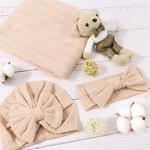 AQOKKA Newborn Receiving Blanket Wheat Ear Bow Hat Mitten Set | 4 Set Receiving - Image 4