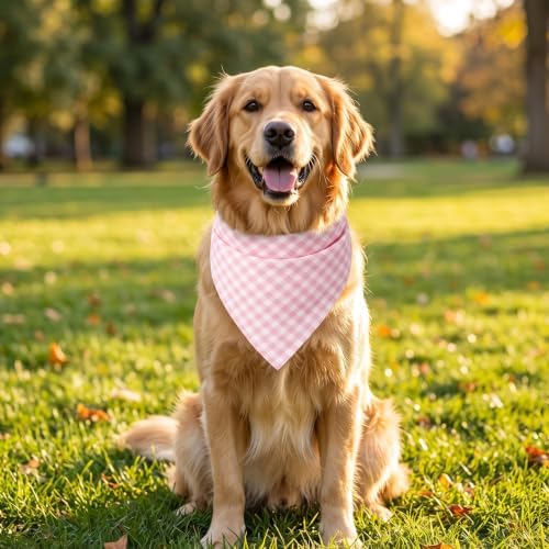 Pink Gingham Dog Bandana, Cotton Linen Adjustable Triangle Dog Scarf Plaid Pet - Image 5