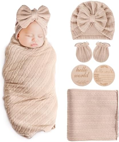 AQOKKA Newborn Receiving Blanket Wheat Ear Bow Hat Mitten Set | 4 Set Receiving by AQOKKA