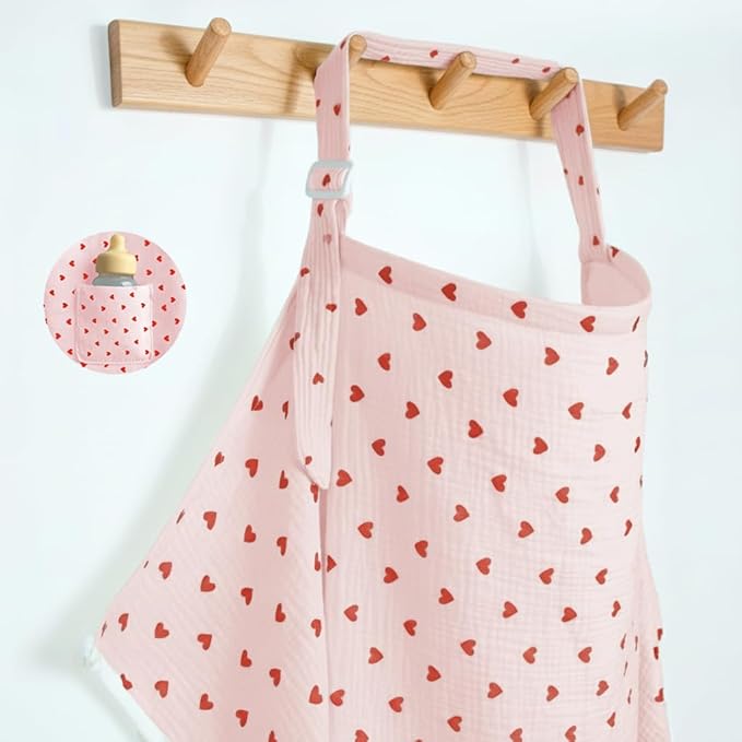 Muslin Nursing Covers for Breastfeeding, Arch Neckline Breast Feeding Covers for Women, Moms Privacy Breathable Summer Nursing Apron, 43.3" x 25.6" Soft Feeding Cover (Pink Red Heart)