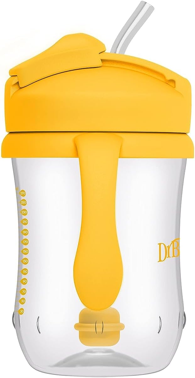 Dr. Brown's Milestones Baby's First Straw Cup, Training Cup with Weighted Straw, 9oz/270mL, Vintage Yellow, BPA Free, 6m+
