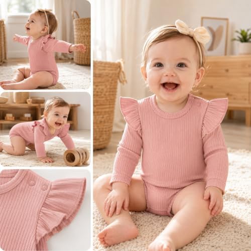 Baby Girl Knit Ruffle Outfit Clothes Ribbed 100% Organic Cotton Solid Color - Image 3
