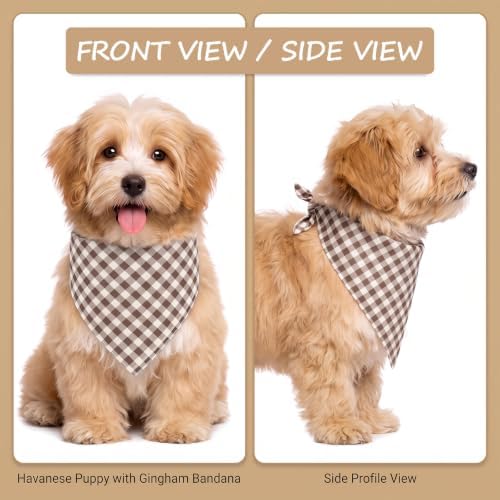Khaki Gingham Dog Bandana, Cotton Linen Adjustable Triangle Dog Scarf Plaid Pet - Image 4