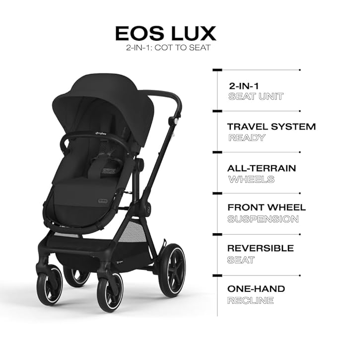 Cybex EOS 2-in-1 Stroller - Bassinet Stroller Converts to Toddler Stroller with One-Hand Recline - Bassinet and Toddler Seat Included, Reversible & Travel System Ready, Moon Black