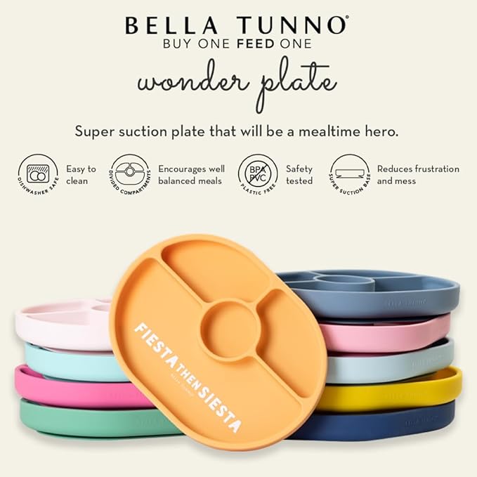 Bella Tunno Suction Plate for Babies & Toddlers, Self-Feeding Dish for Baby Led Weaning, Silicone Divided Plate, Sticks to Highchair Trays & Tables, Microwave & Dishwasher Safe, Fiesta then Siesta