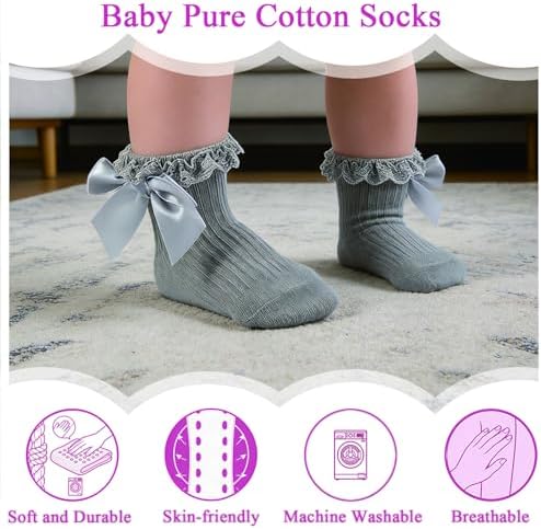 Baby Girl Socks, Ruffle Grip Bows, Toddler Newborn Infant, 6 Pairs - Image 4