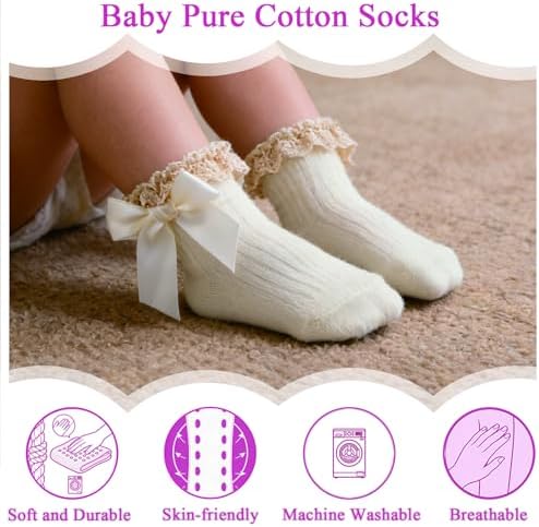 Baby Girl Socks, Ruffle Grip Bows, Toddler Newborn Infant, 6 Pairs - Image 4
