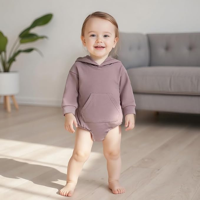 Newborn Baby Girl Boy Hoodie Romper Solid Long Sleeve Hooded Sweatshirt - Image 5