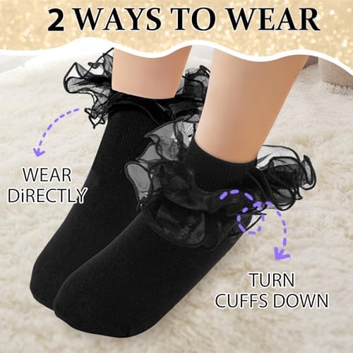 Girls Ruffle Socks Double Lace Turn Cuff Frilly Church Dress Socks - Image 6