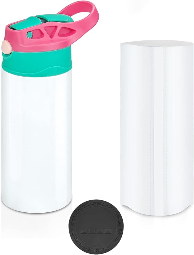 Kids Sublimation Tumbler,12oz Sublimation Water Bottle Blanks,Straight Stainless Steel Todder Sippy Cup,Double Wall Insulated Sippy Tumbler with Handle,Shrink Films,Leak Proof(RoseGreen)