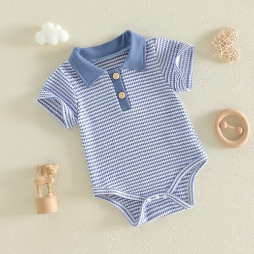 VISGOGO Baby Boy Striped Romper Waffle Short Sleeve Button Oversized Bodysuit - Image 5