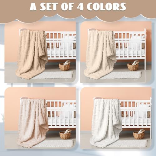VitalCozy 4 Pcs Fleece Baby Blankets 3D Plush Soft Newborn, Khaki Set | - Image 4