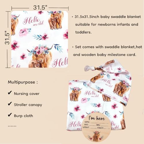 Ylsteed Baby Highland Cow Swaddle Blanket and Headband Set, Newborn Receiving - Image 7