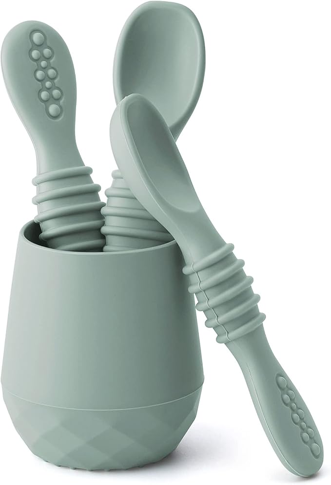 SAMiGO Silicone Baby Utensils - Self Feeding Spoons and Tiny Training Cup - First Stage Baby Led Weaning Supplies for 6 Months+ Infants - Set of 4