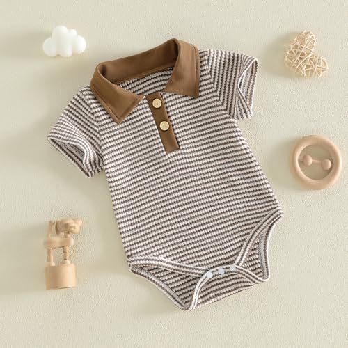 VISGOGO Baby Boy Striped Romper Waffle Short Sleeve Button Oversized Bodysuit - Image 5