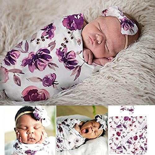 Newborn Floral Receiving Blanket Baby Girls Swaddle Wrap and Headband Set - Image 3