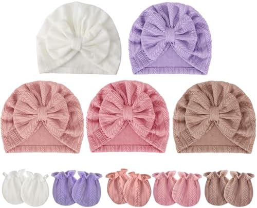 BQUBO Baby Turban Hats and Mittens Set Newborn Infant Hospital Hats Caps by DRESHOW