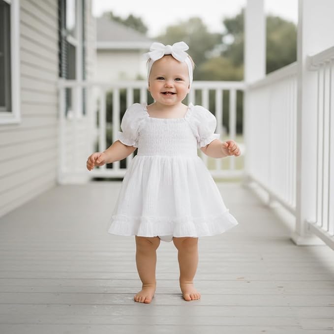 GRNSHTS Baby Girl Romper Dress, Puff Sleeve Smocked Outfit - Image 3