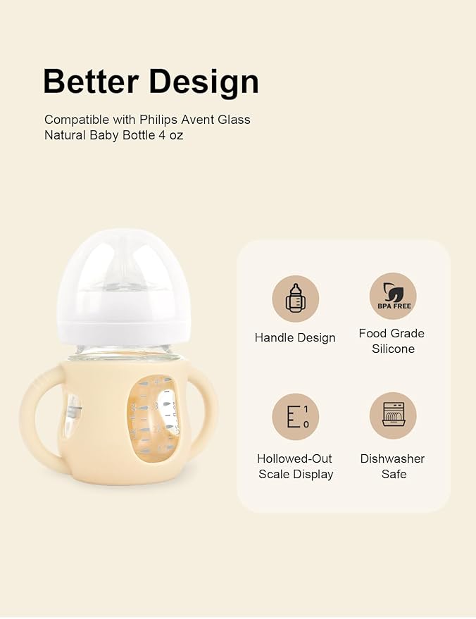 4-Pack Silicone Sleeves for Philips Avent Glass Bottles, BPA-Free Drop-Resistant Baby Bottle Sleeves with Handles, Compatible with Philips Avent Natural Glass Baby Bottles (4 oz)