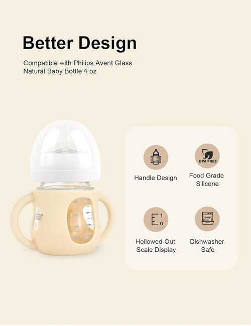 4-Pack Silicone Sleeves for Philips Avent Glass Bottles, BPA-Free Drop-Resistant Baby Bottle Sleeves with Handles, Compatible with Philips Avent Natural Glass Baby Bottles (4 oz)